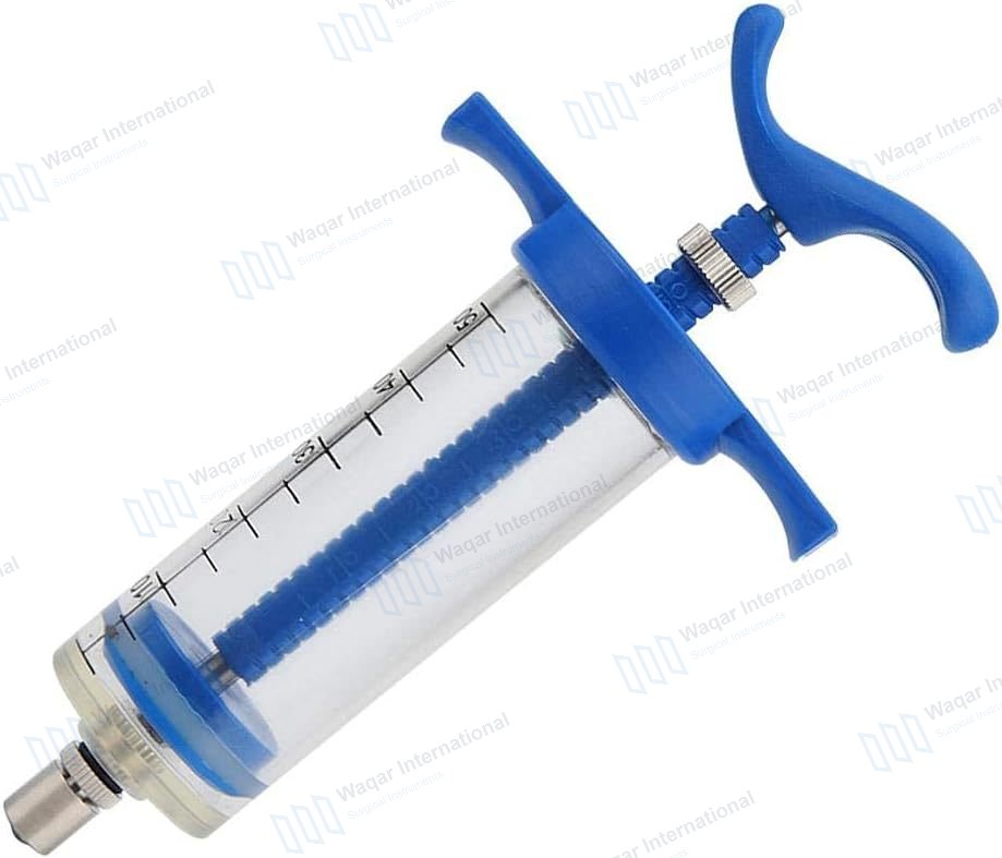 50ml Blue/Orange Plastic Adjustable Dosage Cattle Goat Drench Syringe — surgical instruments manufactured by Waqar International, Sialkot