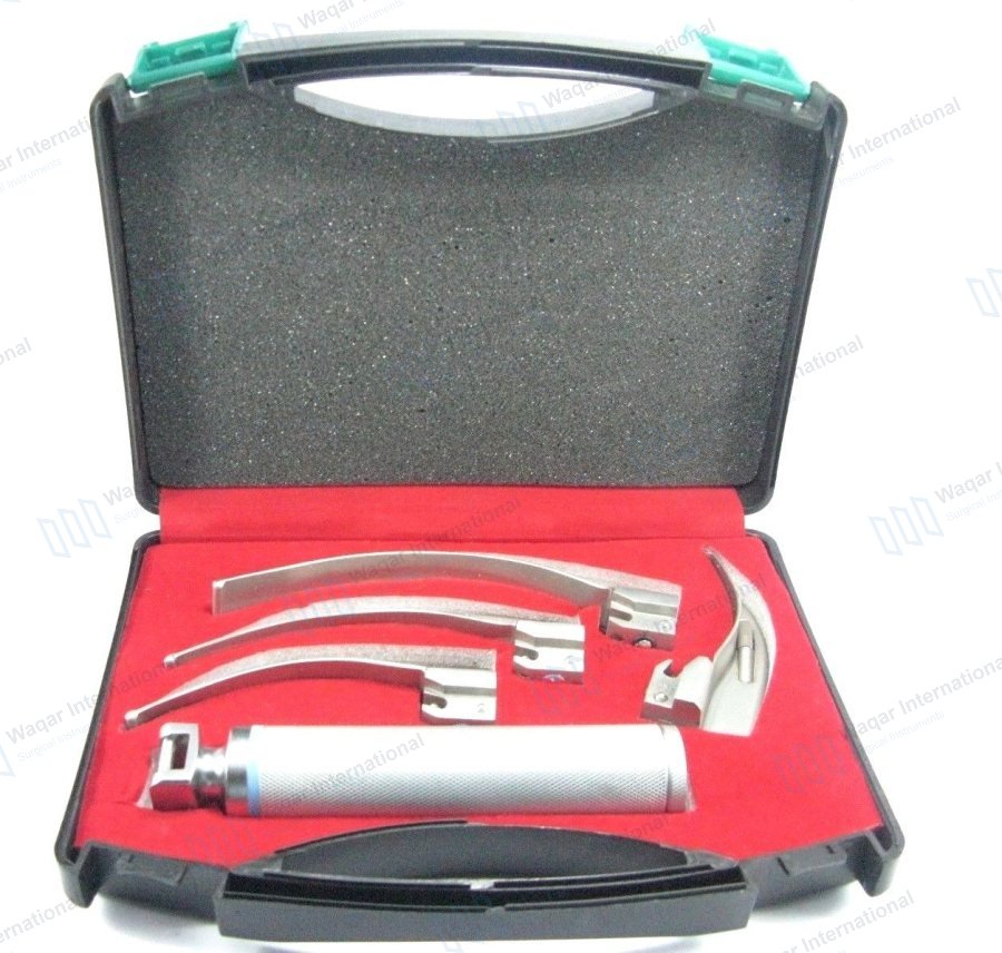 Diagnostic Fiber Optic Laryngoscope Set 4 Blades — ent instruments manufactured by Waqar International, Sialkot