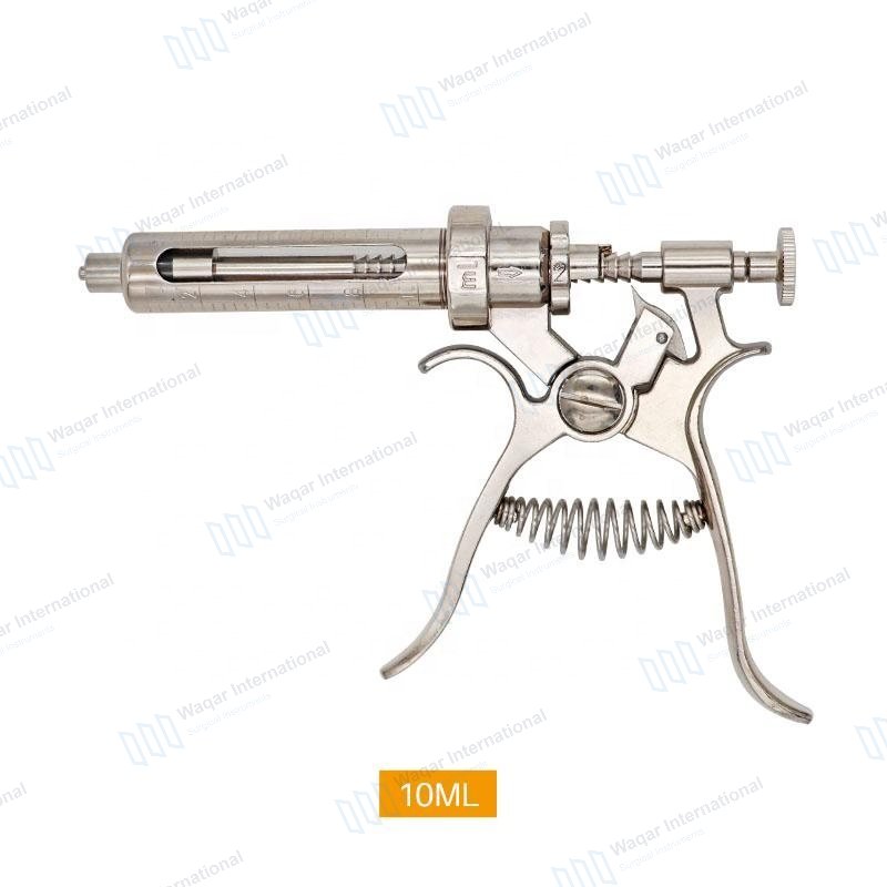 Continuous Reusable Stainless Steel Syringe Vaccine Injector Adjustable — veterinary instruments manufactured by Waqar International, Sialkot