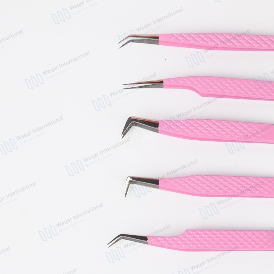 Black Silver Grip Stainless Steel Eyelash Tweezers Pink Box — beauty instruments manufactured by Waqar International, Sialkot