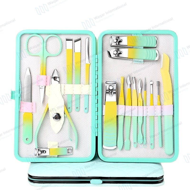 Stainless Steel 18-Piece Luxury Beauty Nail Clippers Set Packaging — beauty instruments manufactured by Waqar International, Sialkot