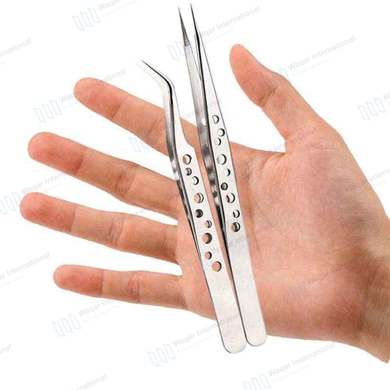 Angled Stainless Steel Eyelash Extension Tweezers — beauty instruments manufactured by Waqar International, Sialkot