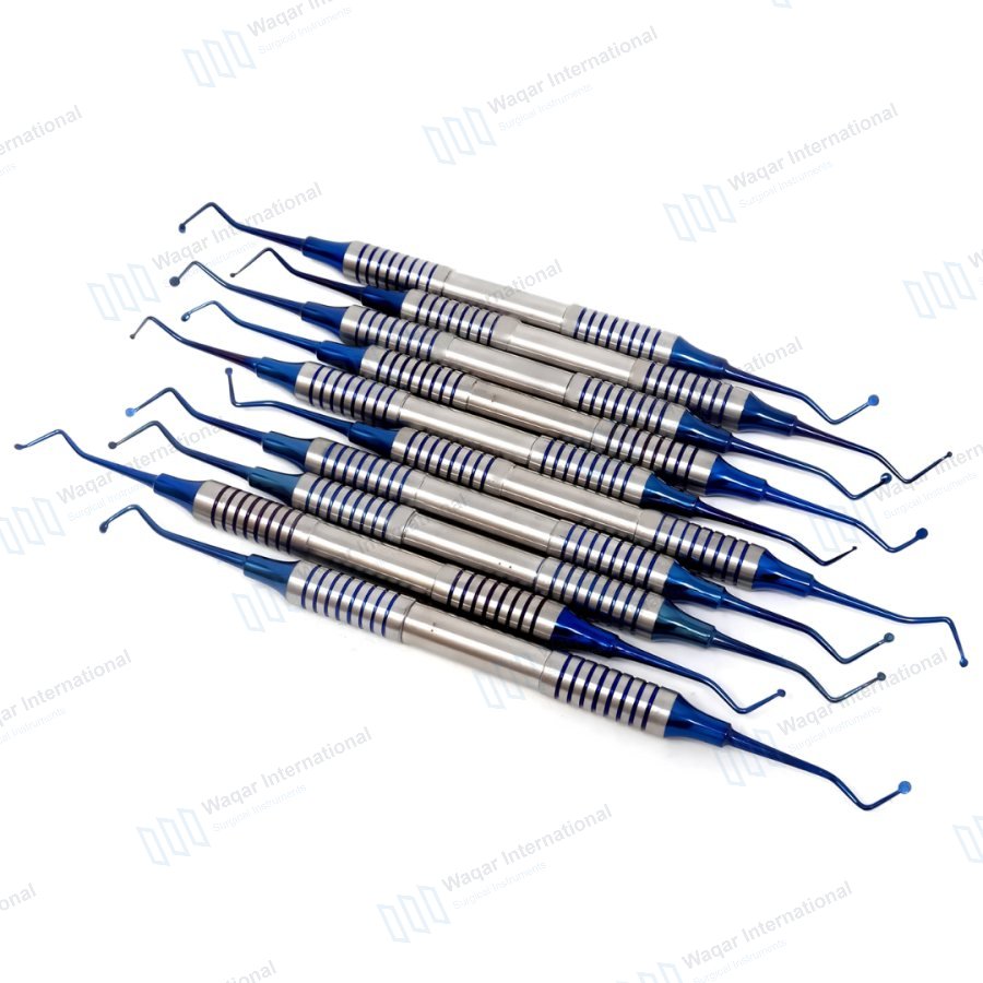 Set of 10 Dental Spoon Excavators Blue Titanium Coated — dental instruments manufactured by Waqar International, Sialkot