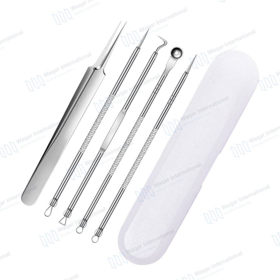 5Pcs Surgical Stainless Steel Blackhead Remover Set Acne Treatment — beauty instruments manufactured by Waqar International, Sialkot