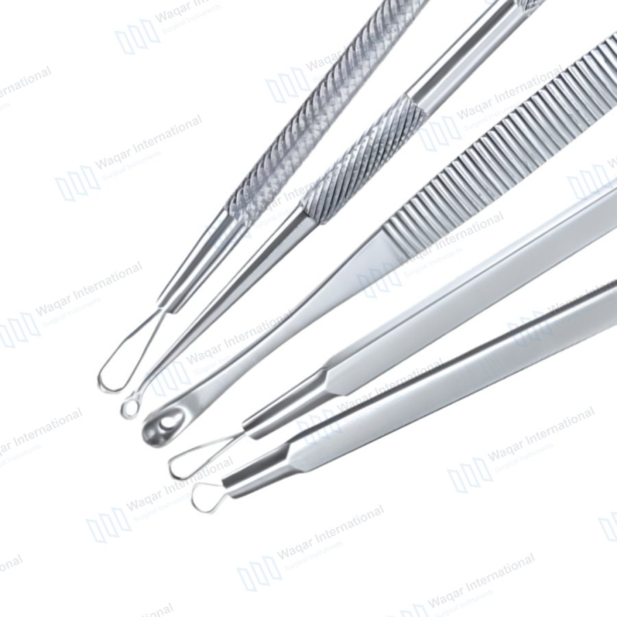 5Pcs Stainless Steel Blackhead Remover Set Acne Extraction Tools — beauty instruments manufactured by Waqar International, Sialkot