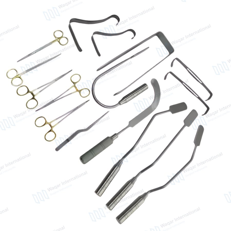 16 PCS Breast Augmentation Instrument Set Forceps Needle Holder — surgical instruments manufactured by Waqar International, Sialkot