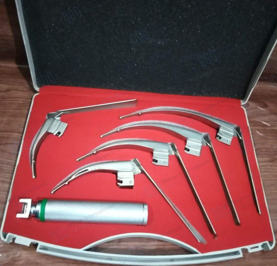 Reusable Stainless Steel Laryngoscope Set 6 Blades with Handle — ent instruments manufactured by Waqar International, Sialkot