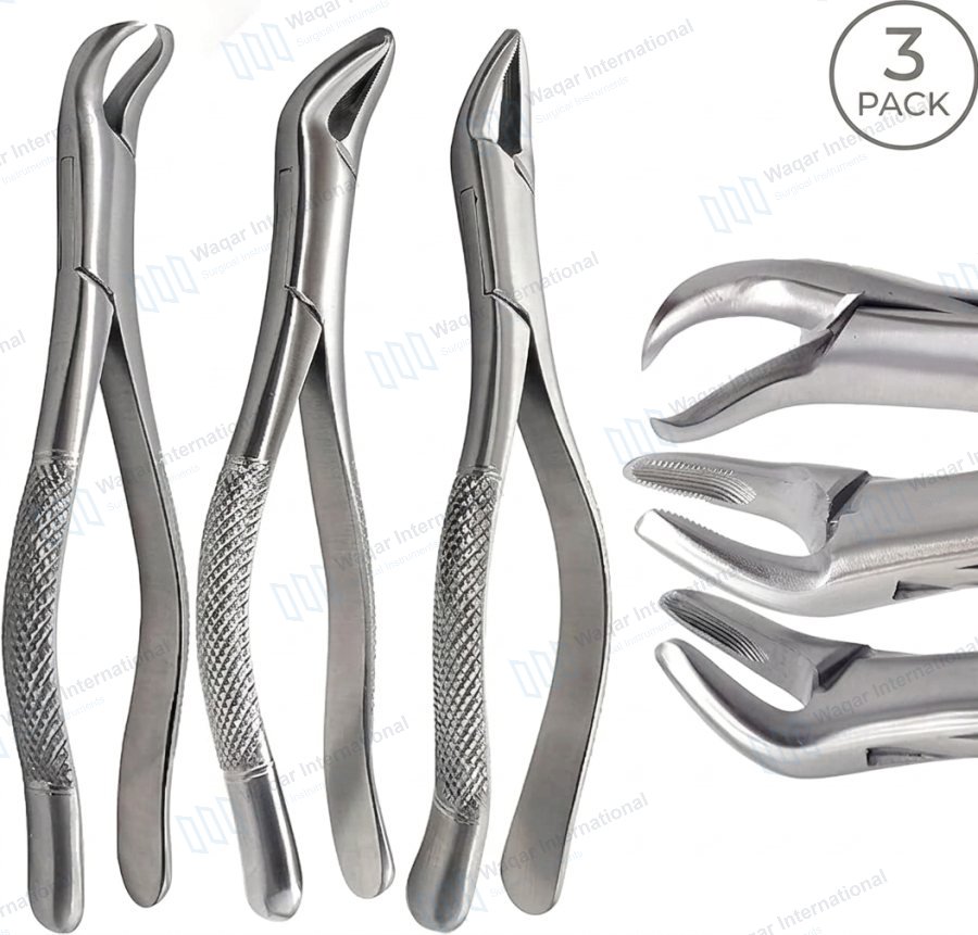 Reusable Dental Tooth Extraction Forceps Stainless Steel 3PCS Kit — dental instruments manufactured by Waqar International, Sialkot
