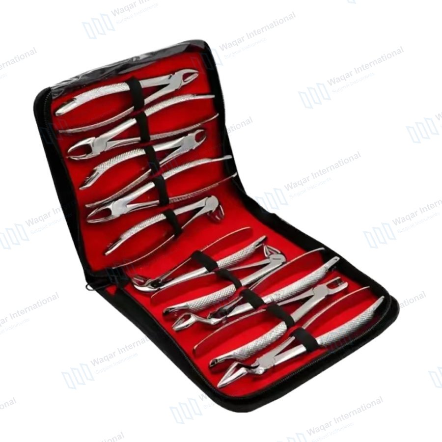 Dental Tooth Forceps 10-Piece Set Stainless Steel Silver — dental instruments manufactured by Waqar International, Sialkot