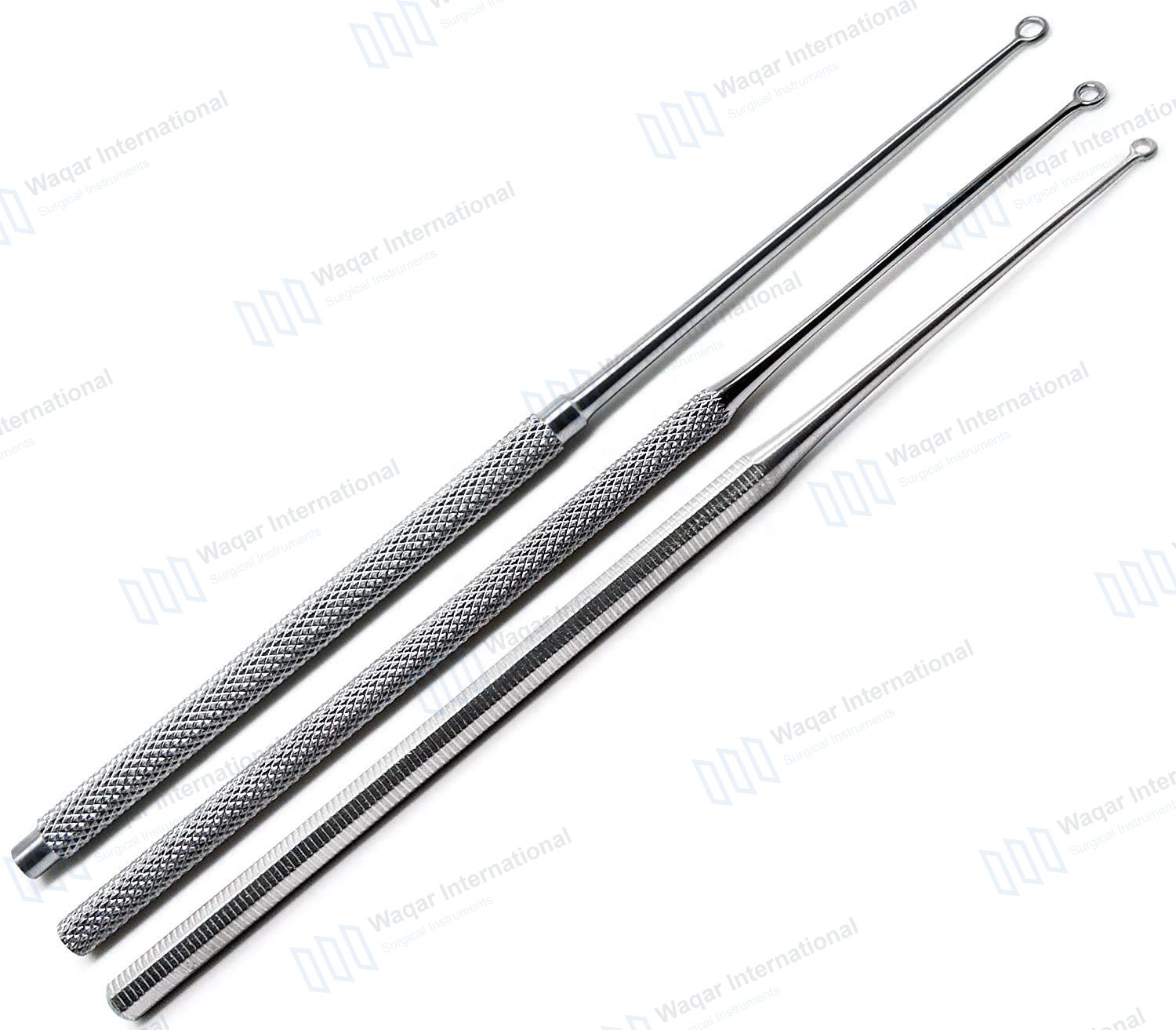 Buck Ear Curettes #1-#3 Blunt Straight 6.5" ENT 3-Piece — surgical instruments manufactured by Waqar International, Sialkot