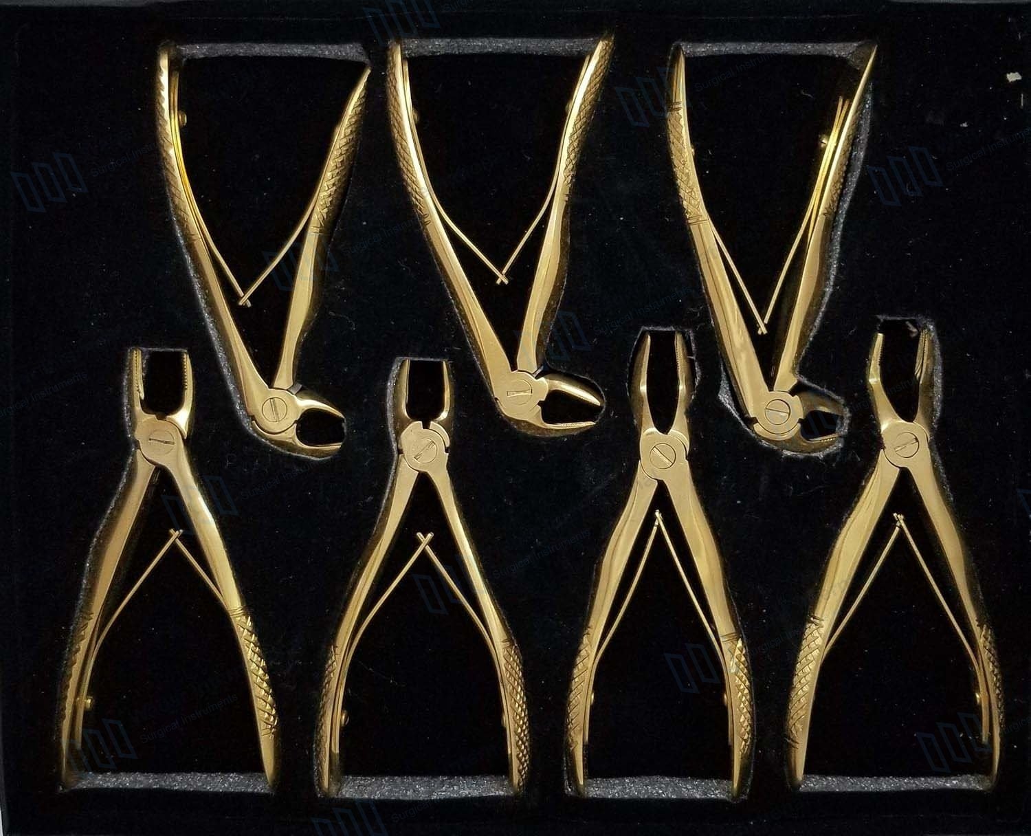 Dental Tooth Extraction Forceps Set 7 Gold Plated — surgical instruments manufactured by Waqar International, Sialkot