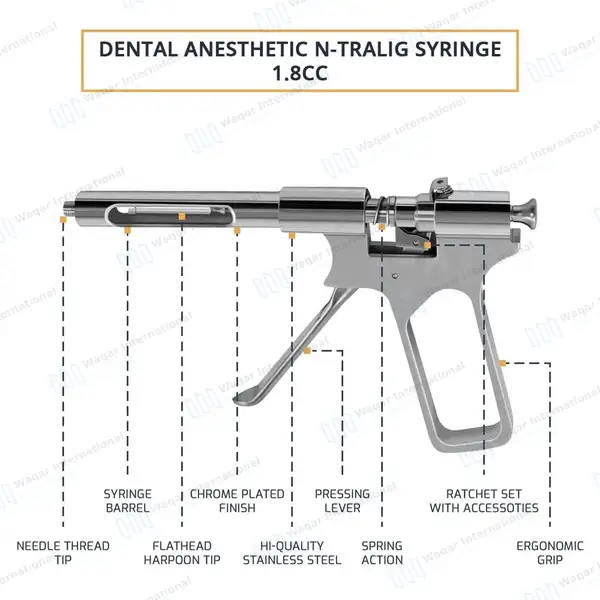 Dental Anesthetic N-Tralig Intraligament Syringe 1.8cc Gun Style - surgical instruments manufactured by Waqar International, Sialkot - view 4