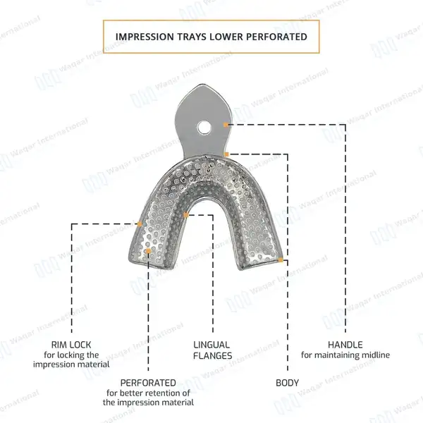 10 Metal Dental Impression Trays Perforated Upper & Lower  XS, S, M, L & XL - surgical instruments manufactured by Waqar International, Sialkot - view 4