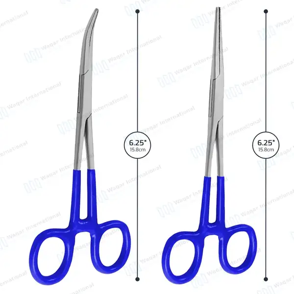 2 Kelly Hemostatic Forceps 6.25″ Straight+Curved Blue PVC Handle - surgical instruments manufactured by Waqar International, Sialkot - view 4