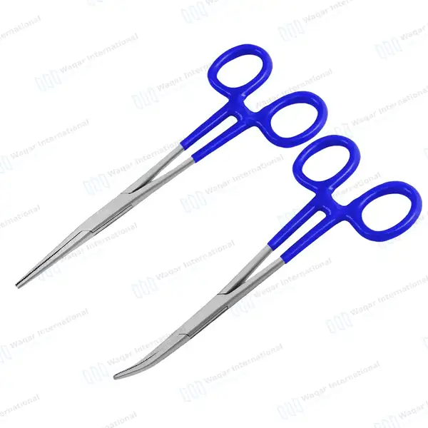2 Kelly Hemostatic Forceps 6.25″ Straight+Curved Blue PVC Handle - surgical instruments manufactured by Waqar International, Sialkot - view 5
