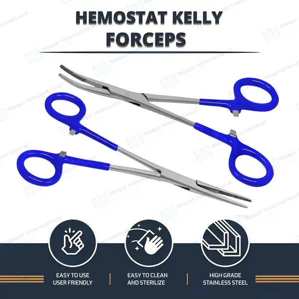 2 Kelly Hemostatic Forceps 6.25″ Straight+Curved Blue PVC Handle - surgical instruments manufactured by Waqar International, Sialkot - view 8