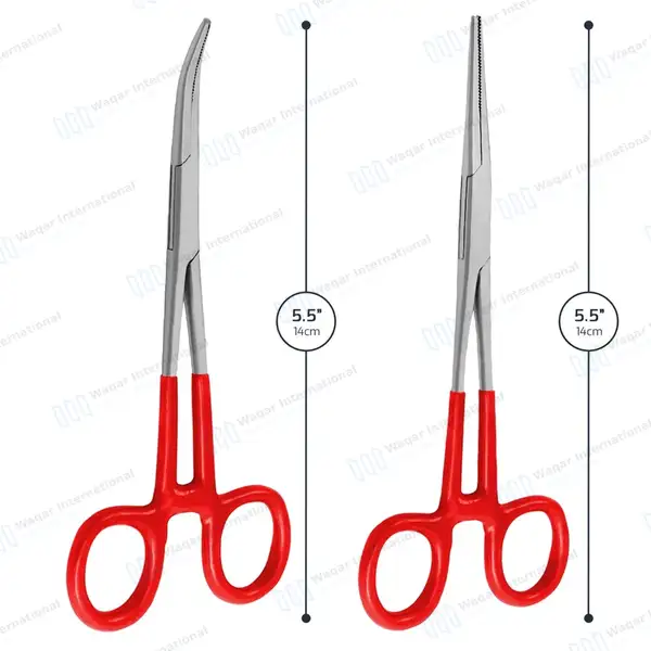2 Kelly Hemostatic Forceps 5.5″ Straight+Curved Red PVC Handle - surgical instruments manufactured by Waqar International, Sialkot - view 4