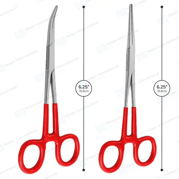 2 Kelly Hemostatic Forceps 6.25″ Straight+Curved Red PVC Handle - surgical instruments manufactured by Waqar International, Sialkot - view 4