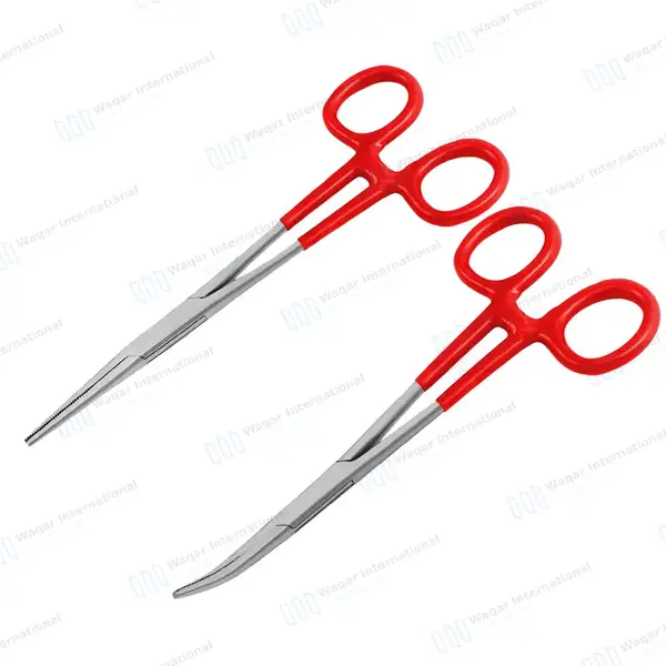 2 Kelly Hemostatic Forceps 6.25″ Straight+Curved Red PVC Handle - surgical instruments manufactured by Waqar International, Sialkot - view 5