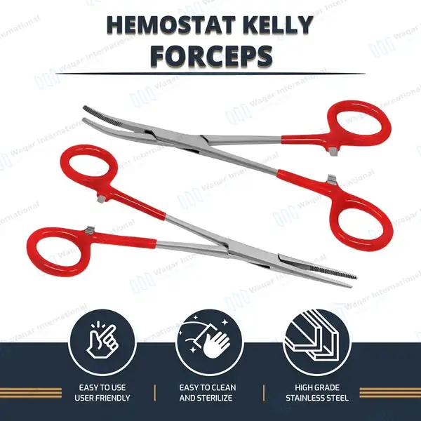 2 Kelly Hemostatic Forceps 6.25″ Straight+Curved Red PVC Handle - surgical instruments manufactured by Waqar International, Sialkot - view 8