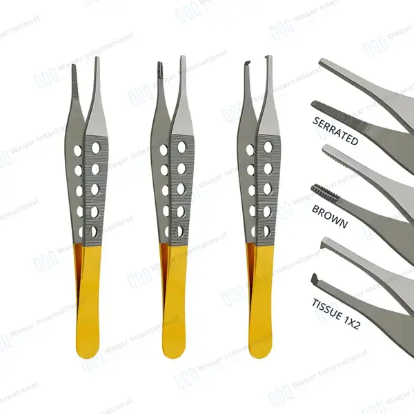 3 Adson Tissue, Brown & Dressing Forceps Set Fenestrated Gold Handle - surgical instruments manufactured by Waqar International, Sialkot - view 2