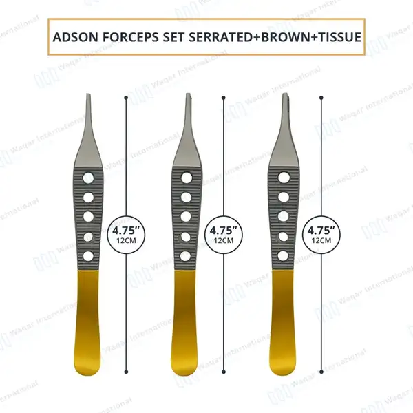 3 Adson Tissue, Brown & Dressing Forceps Set Fenestrated Gold Handle - surgical instruments manufactured by Waqar International, Sialkot - view 3