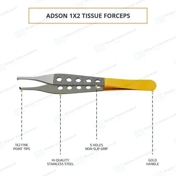 3 Adson Tissue, Brown & Dressing Forceps Set Fenestrated Gold Handle - surgical instruments manufactured by Waqar International, Sialkot - view 4
