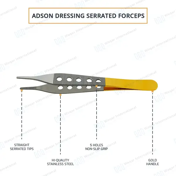 3 Adson Tissue, Brown & Dressing Forceps Set Fenestrated Gold Handle - surgical instruments manufactured by Waqar International, Sialkot - view 5