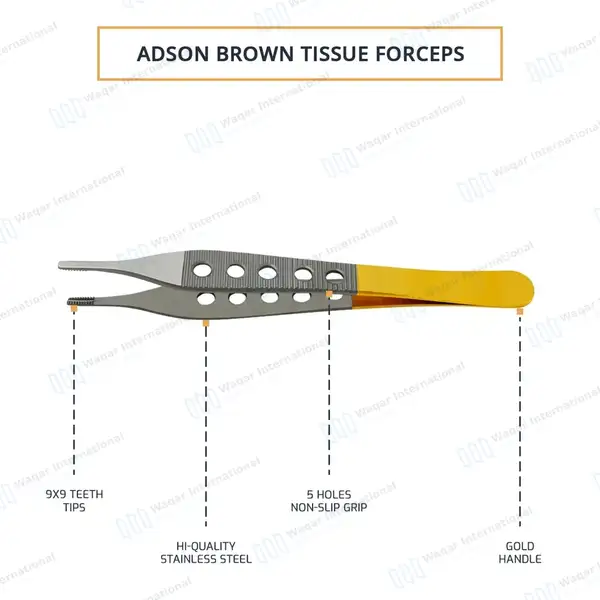 3 Adson Tissue, Brown & Dressing Forceps Set Fenestrated Gold Handle - surgical instruments manufactured by Waqar International, Sialkot - view 6