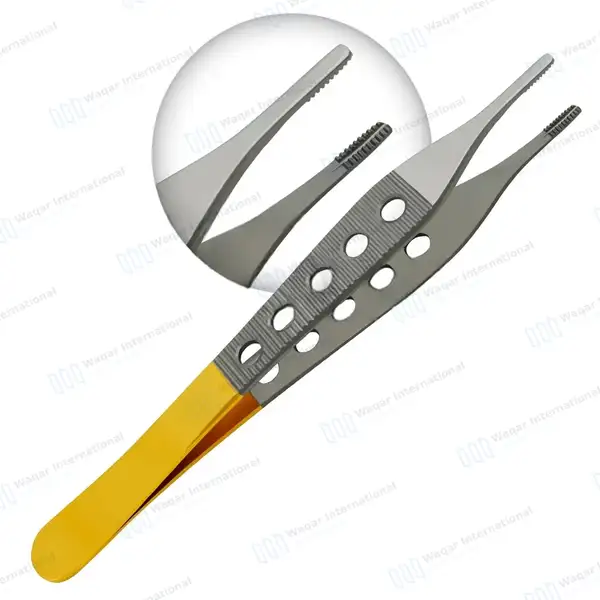 3 Adson Tissue, Brown & Dressing Forceps Set Fenestrated Gold Handle - surgical instruments manufactured by Waqar International, Sialkot - view 9