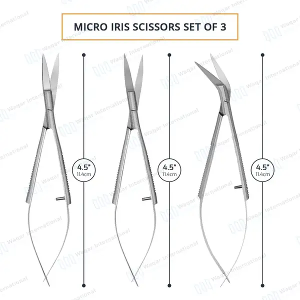 3 Pcs Micro Iris Scissors Set 4.5″ Sharp Straight+Curved+Angled - surgical instruments manufactured by Waqar International, Sialkot - view 3