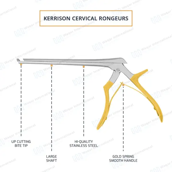 5 Pcs Kerrison Rongeurs Set 7″ Shaft 40 Degree Up 1-5mm Bite Gold Handle - surgical instruments manufactured by Waqar International, Sialkot - view 3