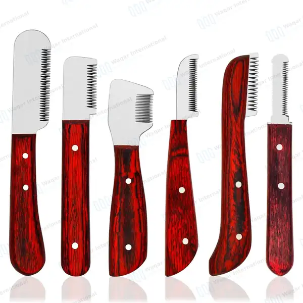 6 Pcs Stripping and Carding Knives Set – Garnish Red Handle - veterinary instruments manufactured by Waqar International, Sialkot - view 2