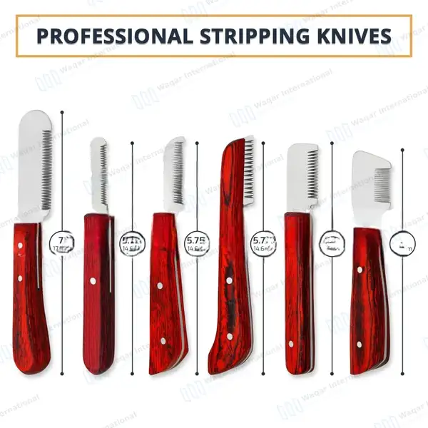 6 Pcs Stripping and Carding Knives Set – Garnish Red Handle - veterinary instruments manufactured by Waqar International, Sialkot - view 3