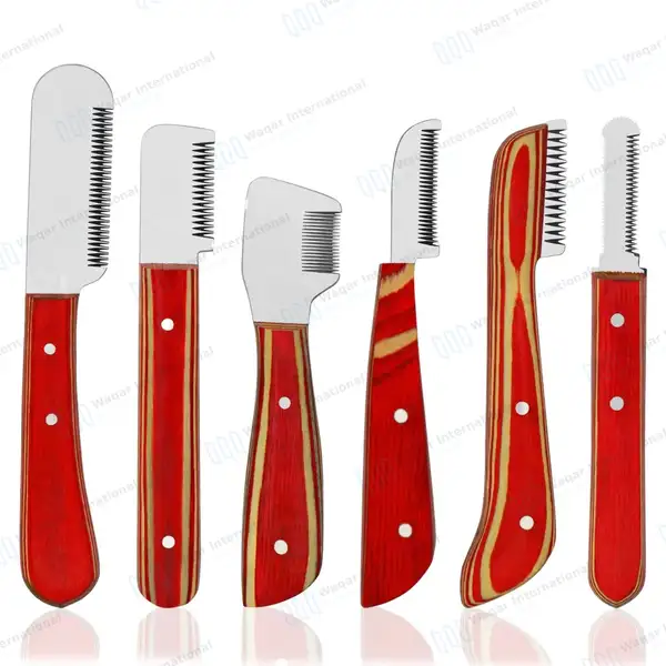 6 Pcs Stripping and Carding Knives Set – Red Wooden Handle - veterinary instruments manufactured by Waqar International, Sialkot - view 2