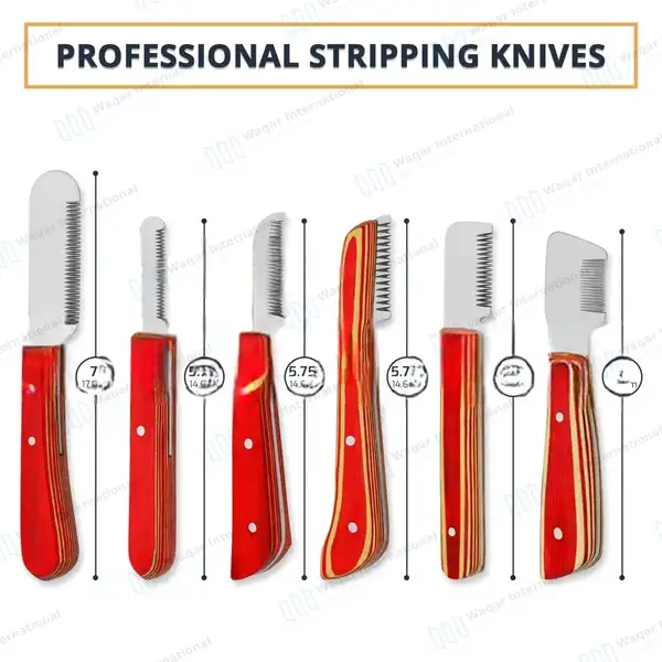 6 Pcs Stripping and Carding Knives Set – Red Wooden Handle - veterinary instruments manufactured by Waqar International, Sialkot - view 3