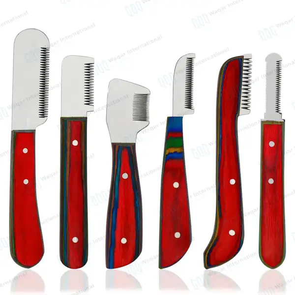 6 Pcs Stripping and Carding Knives Set – Multi Color Handle - veterinary instruments manufactured by Waqar International, Sialkot - view 2