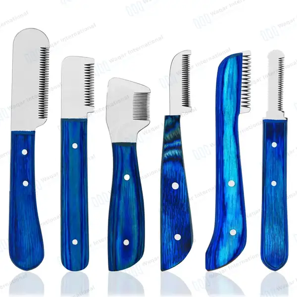 6 Pcs Stripping and Carding Knives Set – Blue Wooden Handle - veterinary instruments manufactured by Waqar International, Sialkot - view 2