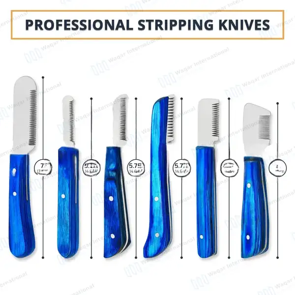 6 Pcs Stripping and Carding Knives Set – Blue Wooden Handle - veterinary instruments manufactured by Waqar International, Sialkot - view 3