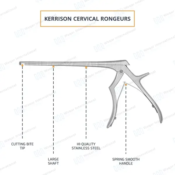5 Kerrison Rongeurs Set 7″ Shaft 90° Down Thin Footplate 1mm-5mm Bite - surgical instruments manufactured by Waqar International, Sialkot - view 4