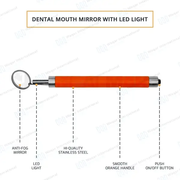 Dental Mirror with Light – Orange Color Handle - surgical instruments manufactured by Waqar International, Sialkot - view 4