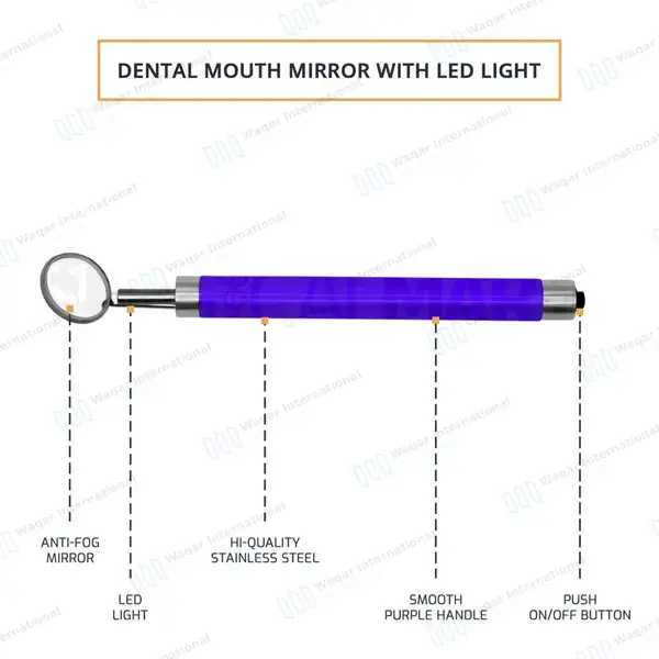 Dental Mirror with Light – Purple Color Handle - surgical instruments manufactured by Waqar International, Sialkot - view 4