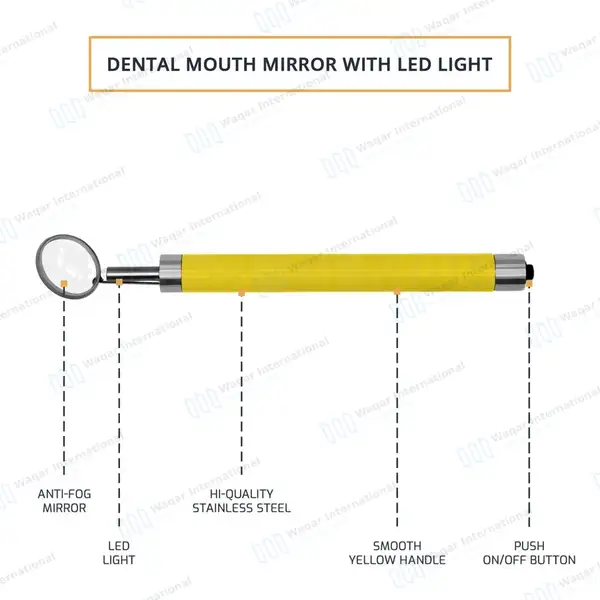 Dental Mirror with Light – Yellow Color Handle - surgical instruments manufactured by Waqar International, Sialkot - view 4