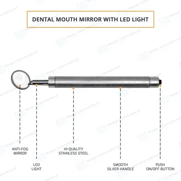 Dental Mirror with Light – Silver Color Handle - surgical instruments manufactured by Waqar International, Sialkot - view 4