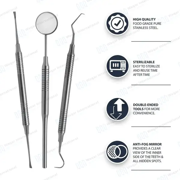 3 Pcs Tartar Calculus Plaque Remover Tooth Scraper Dental Mirror & Probe #5 Set - surgical instruments manufactured by Waqar International, Sialkot - view 2