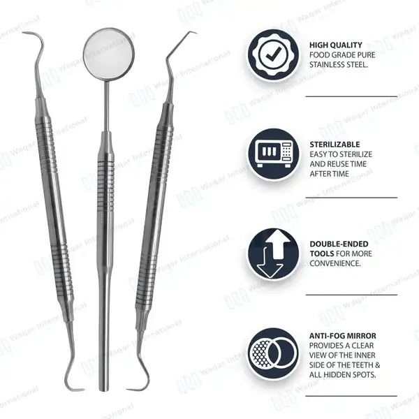 3 Pcs Dental Tartar Scraper and Remover Set Hollow Handle - surgical instruments manufactured by Waqar International, Sialkot - view 2