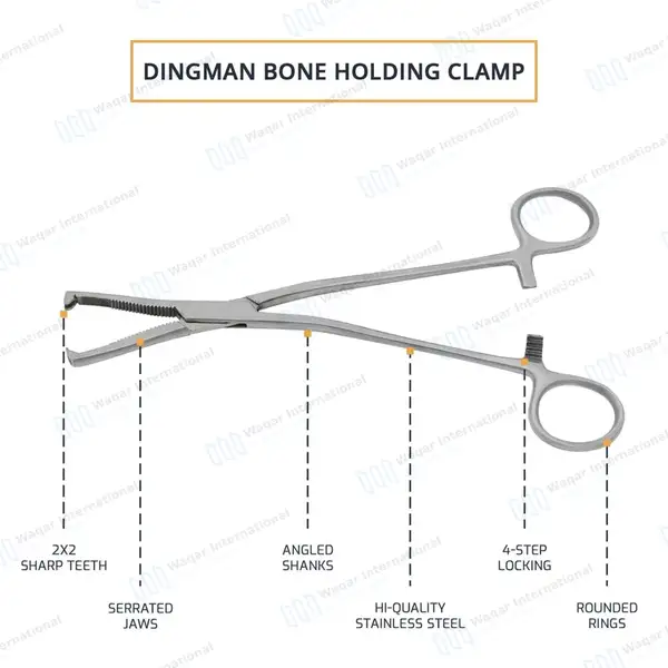 Dingman Cartilage Bone Clamp  7½” Serrated 2×2 Teeth Jaws - orthopedic instruments manufactured by Waqar International, Sialkot - view 3
