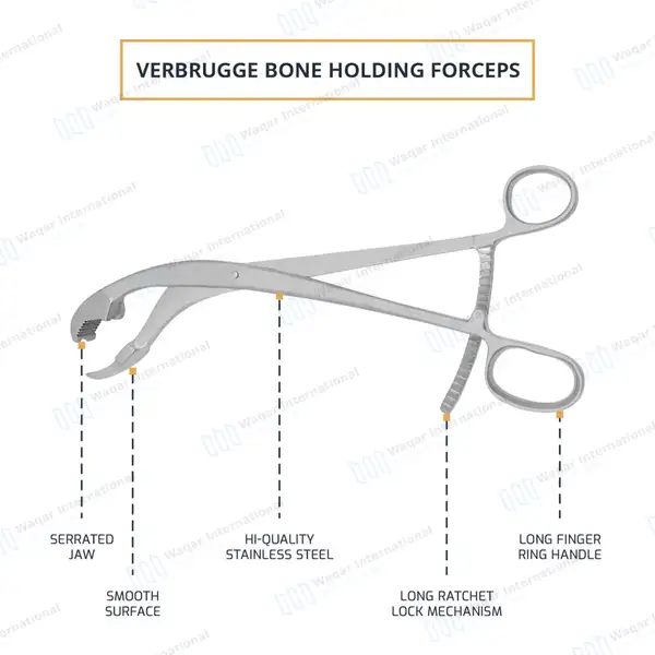 Verbrugge Bone Holding Forceps 10.5″ One Serrated Jaw – Curved - orthopedic instruments manufactured by Waqar International, Sialkot - view 4