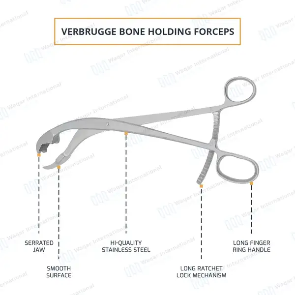 Verbrugge Bone Holding Forceps 6″ One Serrated Jaw – Curved - orthopedic instruments manufactured by Waqar International, Sialkot - view 4
