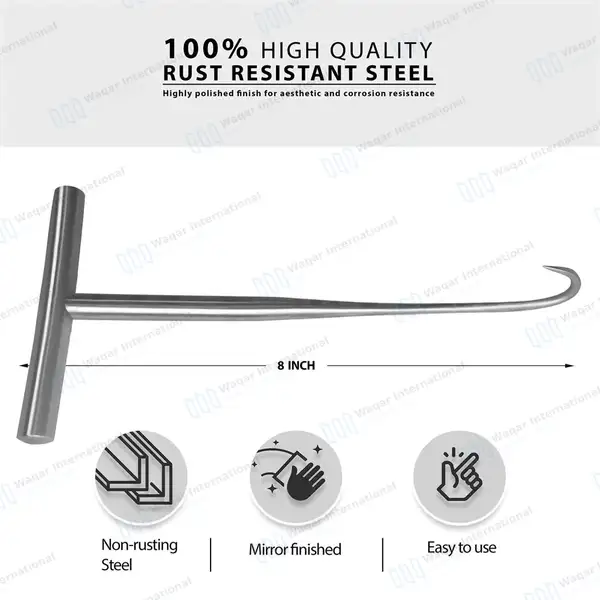 Bone Hook 8″ Sharp 20mm Deep Prong with T-Handle - orthopedic instruments manufactured by Waqar International, Sialkot - view 3